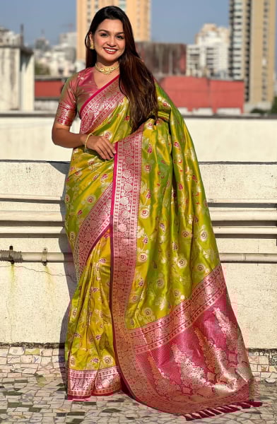 Lime Green Meenakari Weaving Banarasi Silk Saree