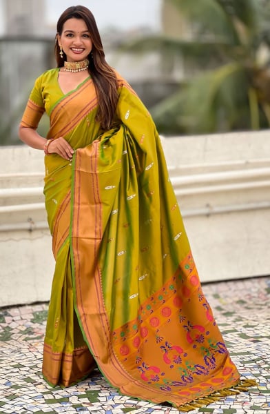 Lime Green Meenakari Weaving Soft Silk Saree