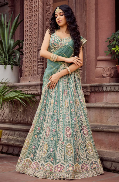 Lime Green Net Heavy Embroidered Lehenga Choli for Wedding