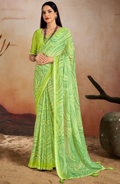 Lime Green Printed Chiffon Casual Saree