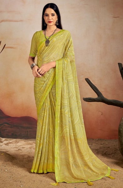 Lime Green Printed Chiffon Casual Saree