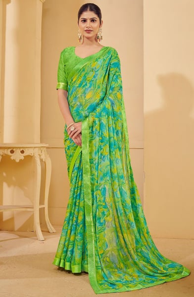 Lime Green Printed Chiffon Casual Wear Saree