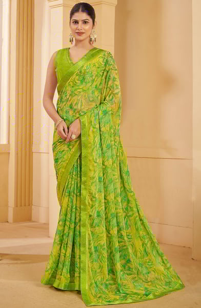 Lime Green Printed Chiffon Casual Wear Saree