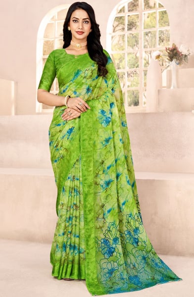 Lime Green Printed Chiffon Saree with Satin Border