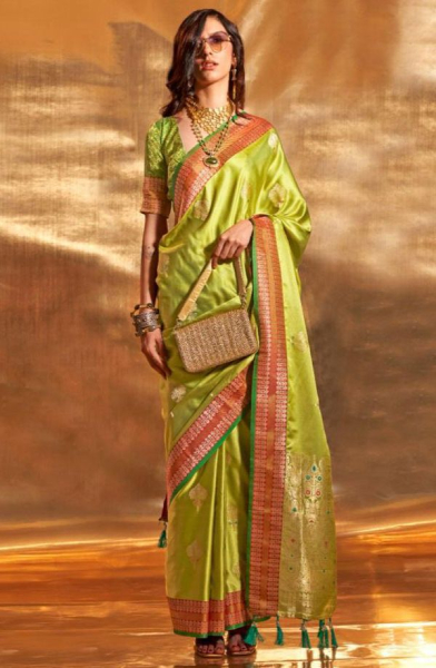 Lime Green Pure Satin Chaap Handloom Silk Saree