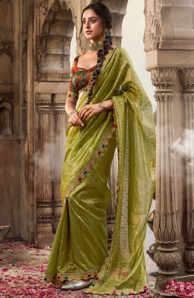 Lime Green Pure Tissue Designer Saree