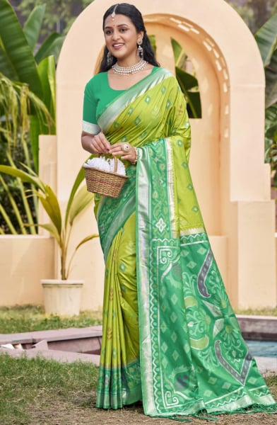 Lime Green Silk Woven Work Saree