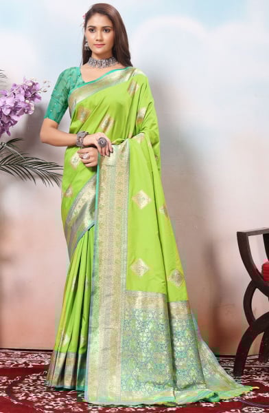 Lime Green Soft Silk Saree with Jacquard Border