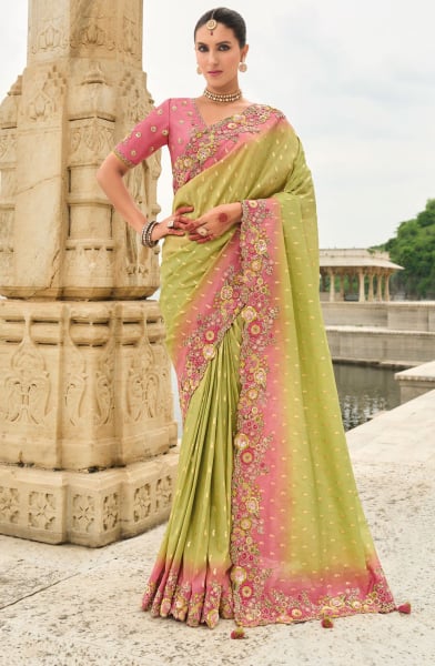 Lime Green Tissue Silk Embroidered Designer Saree 