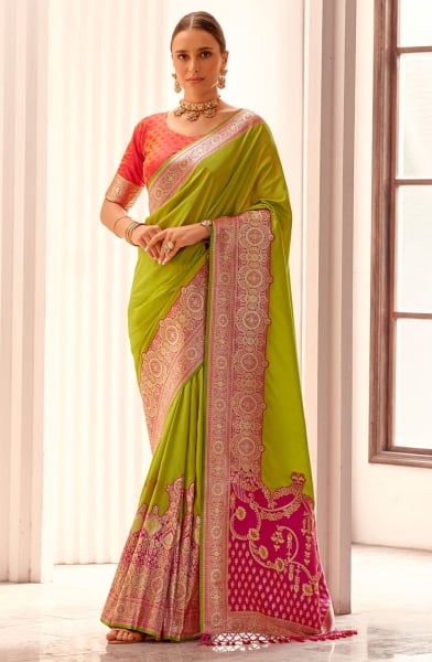 Lime Green Woven Soft Silk Saree for Ceremonial
