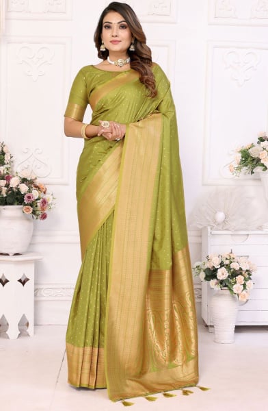 Lime Green Zari Weaving Soft Silk Saree