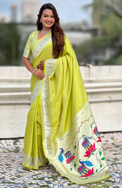 Lime Green Zari Woven Paithani Silk Saree