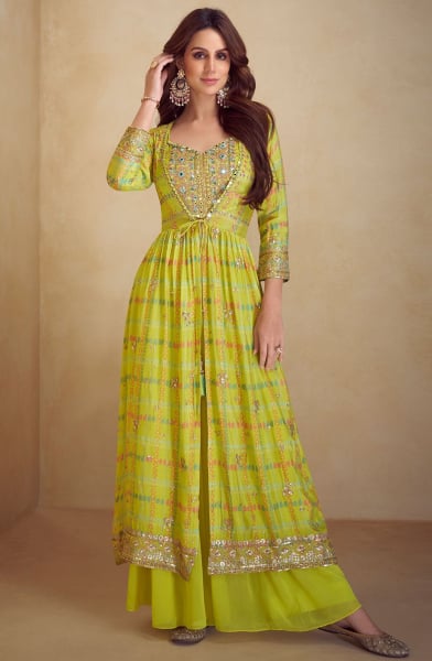 Lime Yellow Chinnon Designer Indo Western
