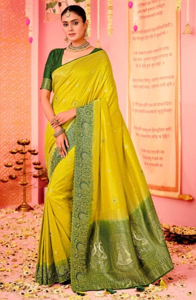 Lime Yellow Embroidered Nylon Dola Silk Saree