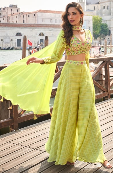 Lime Yellow Embroidered Silk Designer IndoWestern