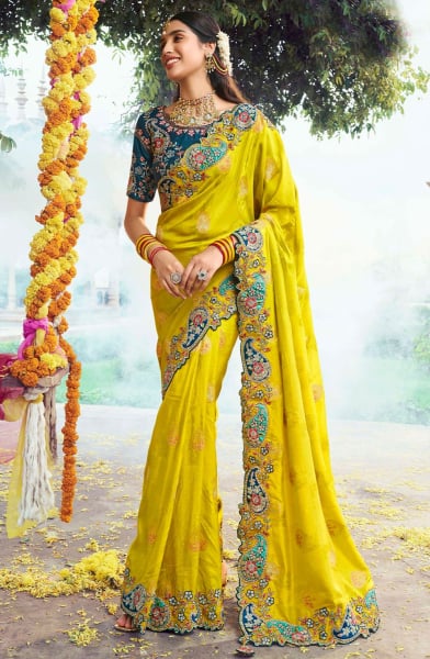Lime Yellow Embroidered Silk Designer Saree