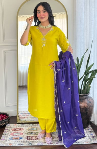 Lime Yellow Embroidered Viscose Chanderi Readymade Suit