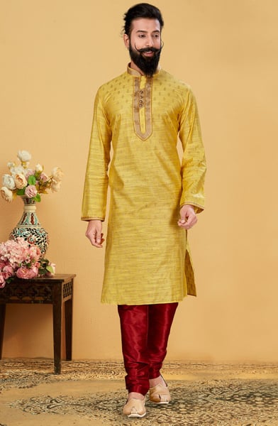 Lime Yellow Jacquard Silk Kurta Set