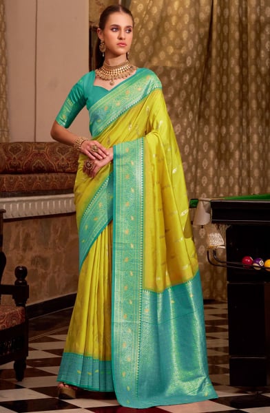 Lime Yellow Soft Silk Saree with Zari Weaving