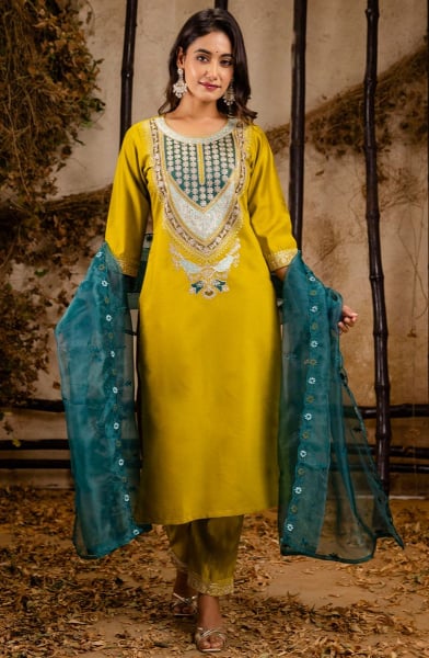 Lime Yellow Viscose Rayon Readymade Pant Kameez