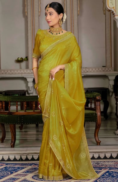 Lime Yellow Zarkan Embellished Saree for Wedding