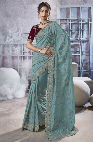 Livid Blue Embroidered Georgette Designer Saree