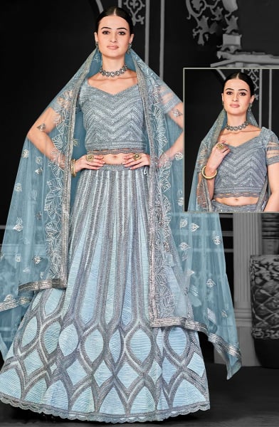Livid Blue Embroidered Net Designer Lehenga Choli