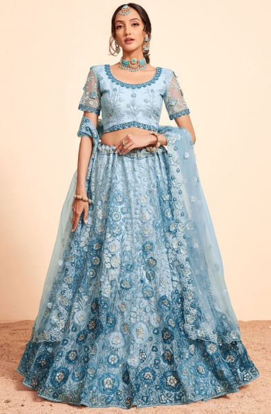 Livid Blue Embroidered Net Designer Lehenga Choli