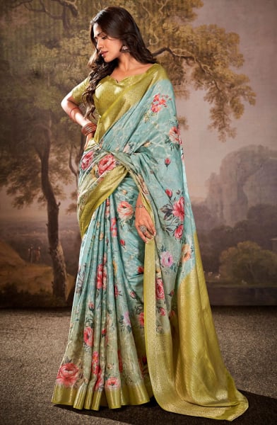 Livid Blue Floral Print Cotton Silk Saree
