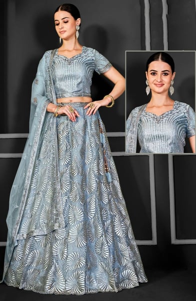 Livid Grey Embroidered Net Designer Lehenga Choli