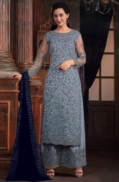 Livid Grey Embroidered Net Palazzo Kameez