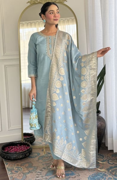 Livid Grey Embroidered Viscose Chanderi Readymade Suit