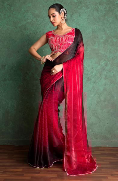 Luxe Red Saree with Artistic Embroidery