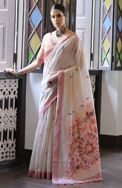 Ivory Cotton Ikkat Woven Saree