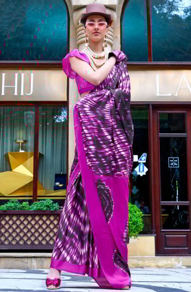 Magenta and Black Digital Print Satin Crepe Saree