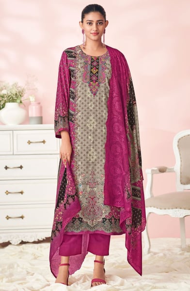 Magenta and Grey Printed Lawn Cotton Pant Kameez