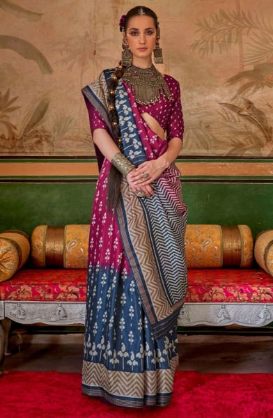 Magenta and Navy Blue Mercerized Silk Saree for Party