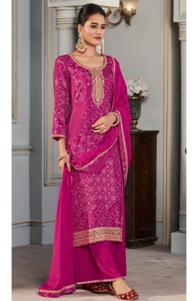 Magenta Bandhani Print Viscose Munga Silk Palazzo Kameez