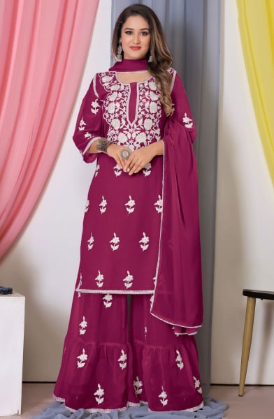 Magenta Bemberg Georgette Readymade Sarara Kameez