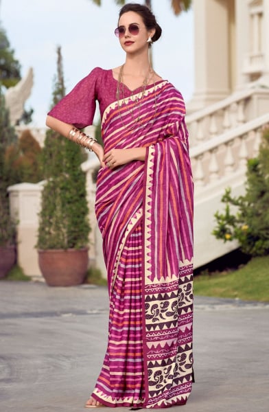 Magenta Digital Print Pure Mal Mal Silk Saree