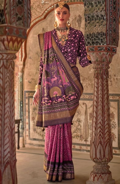 Magenta Embellished Viscose Silk Saree