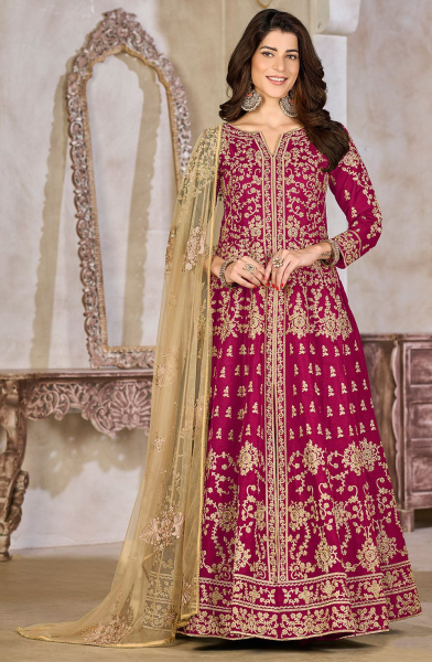 Magenta Embroidered Art Silk Lehenga Kameez