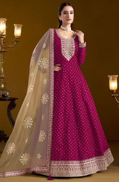 Magenta Embroidered Chanderi Butti Anarkali Suit