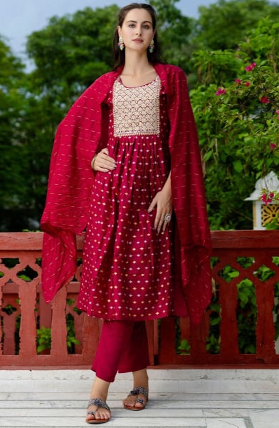 Magenta Embroidered Chanderi Readymade Suit