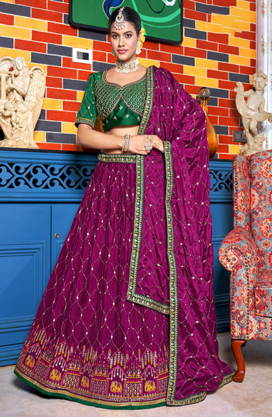 Magenta Embroidered Chinnon Lehenga Choli