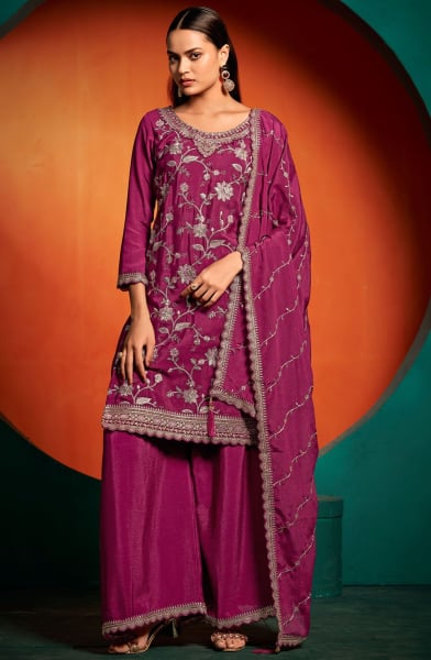 Magenta Embroidered Chinnon Palazzo Kameez