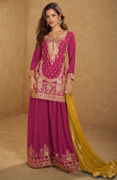 Magenta Embroidered Chinnon Palazzo Kameez