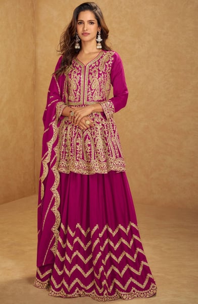 Magenta Embroidered Chinnon Silk Lehenga Kameez