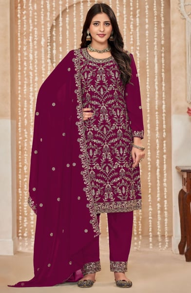 Magenta Embroidered Faux Georgette Pant Kameez
