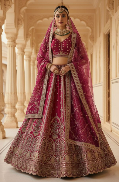Magenta Embroidered Gadhwal Silk Bridal Lehenga Set